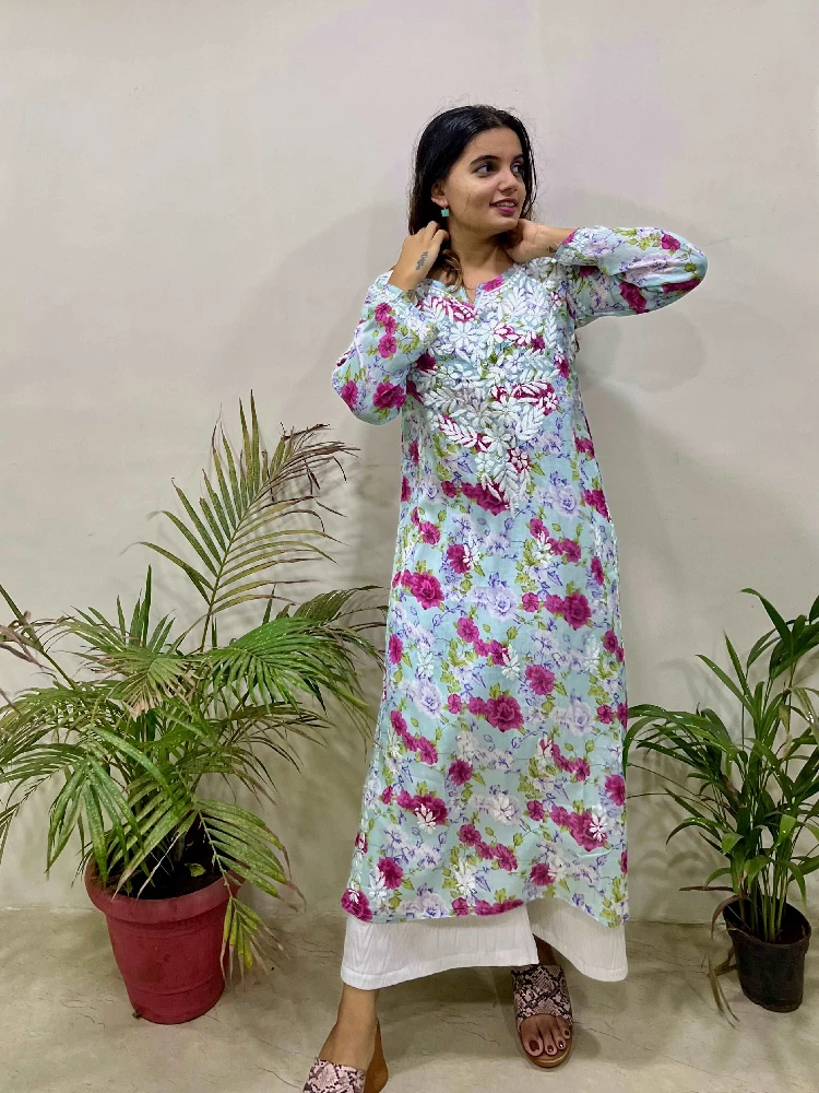 Flowery Blue Cotton Kurti with White Chikankari Embroidery-3.webp